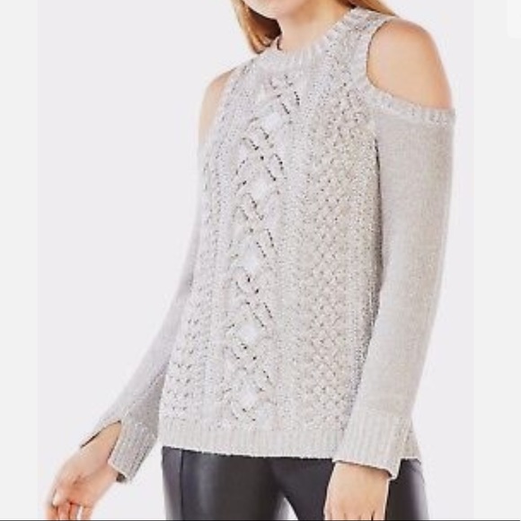 NWT BCBG MAXAZRIA  womens cold shoulder metallic silver sweater sz s champgn - Picture 4 of 16